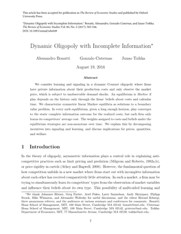 Dynamic Oligopoly with Incomplete Information." Bonatti, Alessandro, Gonzalo Cisternas, and Juuso Toikka