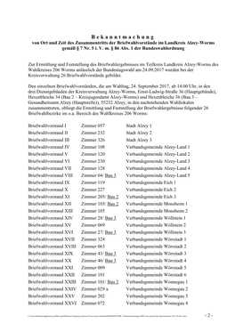 Bekanntmachung Von Ort Und Zeit Des Zusammentritts Der Briefwahlvorstände Im Landkreis Alzey-Worms Gemäß § 7 Nr