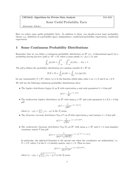 Some Useful Probability Facts 1 Some Continuous Probability Distributions