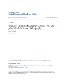 Interview with David Lanegran, Class of 1963 and John S. Holl Professor of Geography David Lanegran Macalester College