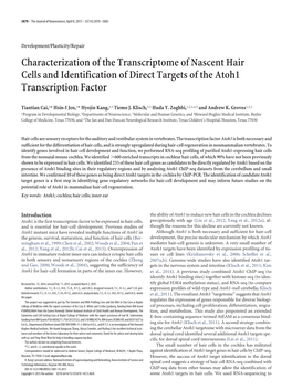 Characterization of the Transcriptome of Nascent Hair Cells and Identification of Direct Targets of the Atoh1 Transcription Factor