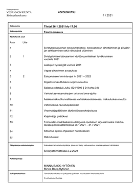 VESANNON KUNTA KOKOUSKUTSU Sivistyslautakunta 1 / 2021