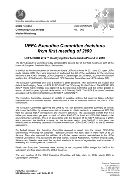 009: UEFA Executive Committee Decisions from First Meeting of 2009