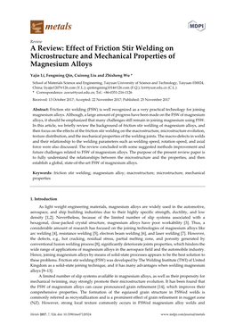 Effect of Friction Stir Welding on Microstructure and Mechanical Properties of Magnesium Alloys