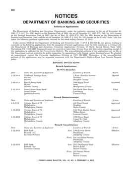 NOTICES DEPARTMENT of BANKING and SECURITIES Actions on Applications