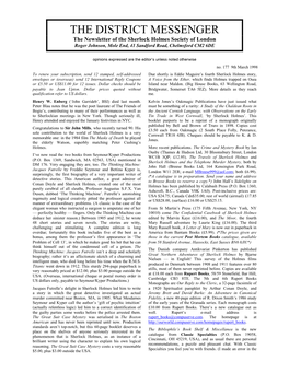 THE DISTRICT MESSENGER the Newsletter of the Sherlock Holmes Society of London Roger Johnson, Mole End, 41 Sandford Road, Chelmsford CM2 6DE