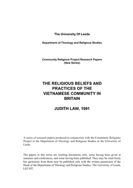 The Religious Beliefs and Practices of the Vietnamese Community in Britain