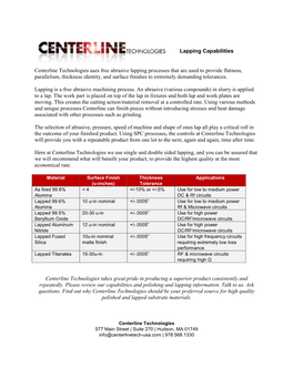 Lapping Capabilities Centerline Technologies Uses Free Abrasive Lapping Processes That Are Used to Provide Flatness, Parallelism