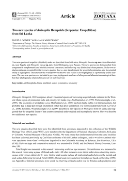 Two New Species of Rhinophis Hemprich (Serpentes: Uropeltidae) from Sri Lanka