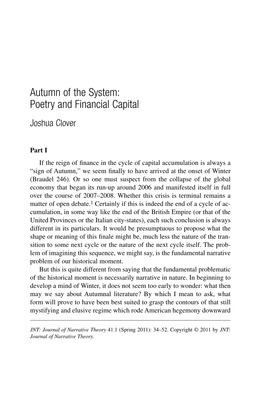 Autumn of the System: Poetry and Financial Capital Joshua Clover