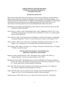 Collective Behavior and Social Movements Preliminary Examination Reading List Last Edited: June 2012