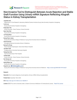 Non-Invasive Tool to Distinguish Between Acute Rejection and Stable Graft Function Using Urinary Mrna Signature Refecting Allograft Status in Kidney Transplantation