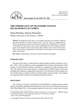 THE IMPORTANCE of TRANSPORT SYSTEM DEVELOPMENT in CYPRUS Maria Parlińska, Maryna Panchenko