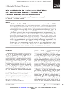 Differential Roles for the Interferon-Inducible IFI16 and AIM2 Innate Immune Sensors for Cytosolic DNA in Cellular Senescence of Human Fibroblasts