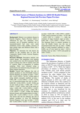 The Risk Factors of Malaria Incidence in ARSO III Health Primary Regional Keerom Sub Province Papua Province