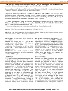 JLP Forms a Ternary Complex with PLK1 and FOXK1 JNK Associated