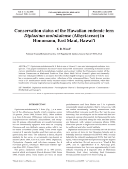 Conservation Status of the Hawaiian Endemic Fern Diplazium Molokaiense (Athyriaceae) in Honomanu, East Maui, Hawai’I
