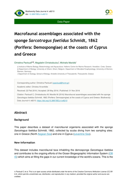 Macrofaunal Assemblages Associated with the Sponge Sarcotragus Foetidus Schmidt, 1862 (Porifera: Demospongiae) at the Coasts of Cyprus and Greece