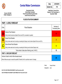 FLOOD SITUATION SUMMARY PART - I: LEVEL FORECAST Numbers of S.No