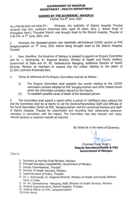 MANIPUR SECRETARIAT: HEALTH DEPARTMENT ORDERS by the GOVERNOR: MANIPUR ORDERS Imphal,BT Thehe 8H8th June, 2021