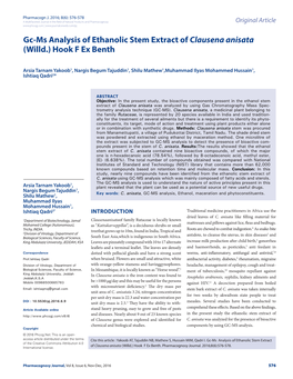 Gc-Ms Analysis of Ethanolic Stem Extract of Clausena Anisata (Willd.) Hook F Ex Benth