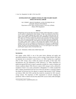 Estimation, Carbon Stock, Sylhet Basin Soils