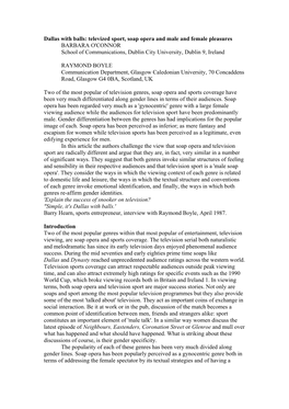 Televized Sport, Soap Opera and Male and Female Pleasures BARBARA O'connor School of Communications, Dublin City University, Dublin 9, Ireland