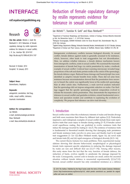 Reduction of Female Copulatory Damage by Resilin Represents Evidence for Rsif.Royalsocietypublishing.Org Tolerance in Sexual Conflict