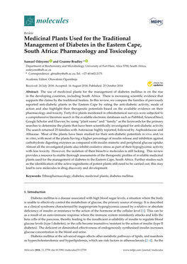 Medicinal Plants Used for the Traditional Management of Diabetes in the Eastern Cape, South Africa: Pharmacology and Toxicology