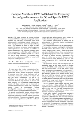 Compact Multiband CPW Fed Sub 6 Ghz Frequency Reconfigurable Antenna for 5G and Specific UWB Applications