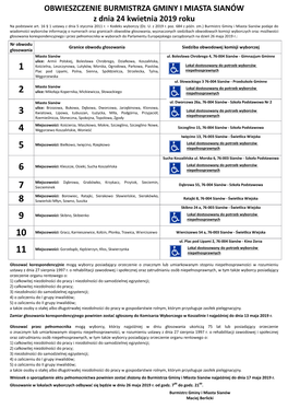 OBWIESZCZENIE BURMISTRZA GMINY I MIASTA SIANÓW Z Dnia 24 Kwietnia 2019 Roku Na Podstawie Art