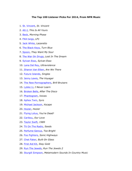 The Top 100 Listener Picks for 2014, from NPR Music 1. St. Vincent, St