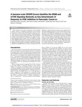 A Genome-Scale CRISPR Screen Identifies the ERBB and Mtor Signaling Networks As Key Determinants of Response to PI3K Inhibition in Pancreatic Cancer