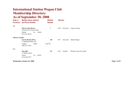 International Station Wagon Club Membership Directory As of September 30, 2008 State Or Member Name, Address Member Vehicles Provience and Phone Number Number