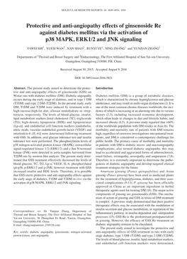 Protective and Anti‑Angiopathy Effects of Ginsenoside Re Against Diabetes Mellitus Via the Activation of P38 MAPK, ERK1/2 and JNK Signaling