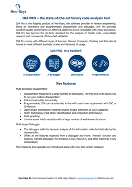 IDA PRO – the State-Of-The-Art Binary Code Analysis Tool Key Features