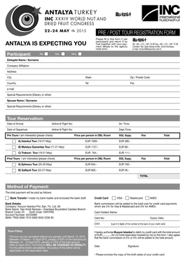 Pre / Post Tour Registration Form Antalya Is Expecting