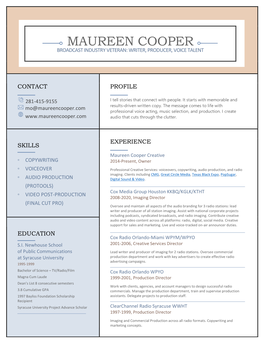 Maureen Cooper Broadcast Industry Veteran: Writer, Producer, Voice Talent