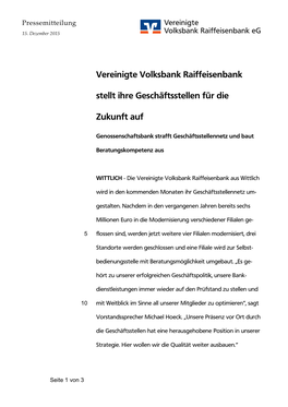 Vereinigte Volksbank Raiffeisenbank Stellt Ihre Geschäftsstellen Für Die