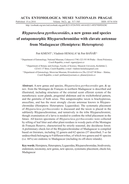 Rhyparoclava Pyrrhocoroides, a New Genus and Species of Autapomorphic Rhyparochromidae with Clavate Antennae from Madagascar (Hemiptera: Heteroptera)