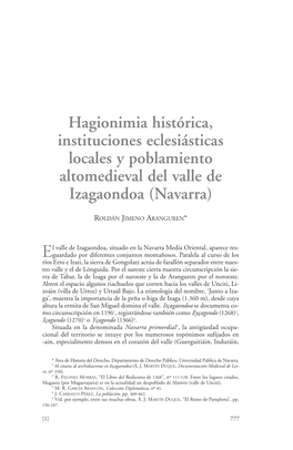 Hagionimia Histórica, Instituciones Eclesiásticas Locales Y Poblamiento Altomedieval Del Valle De Izagaondoa (Navarra)