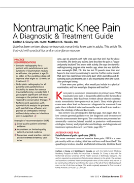 Nontraumatic Knee Pain a Diagnostic & Treatment Guide Carlton J