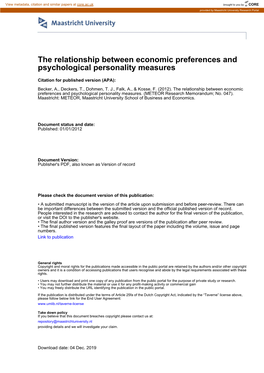 The Relationship Between Economic Preferences and Psychological Personality Measures