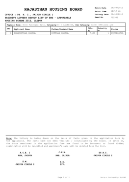 RAJASTHAN HOUSING BOARD Print Time 11:52 Am OFFICE : DY