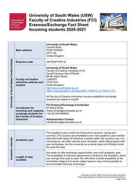 University of South Wales (USW) Faculty of Creative Industries (FCI) Erasmus/Exchange Fact Sheet Incoming Students 2020-2021