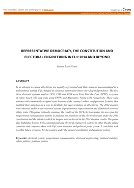 Representative Democracy, the Constitution and Electoral Engineering in Fiji: 2014 and Beyond