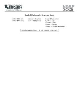Grade 5 Mathematics Reference Sheet