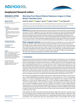 Warming from Recent Marine Heatwave Lingers in Deep British Columbia Fjord