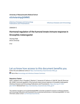 Hormonal Regulation of the Humoral Innate Immune Response in Drosophila Melanogaster