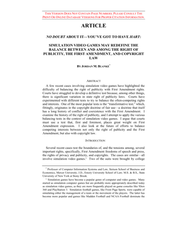 Simulation Video Games May Redefine the Balance Between and Among the Right of Publicity, the First Amendment, and Copyright Law